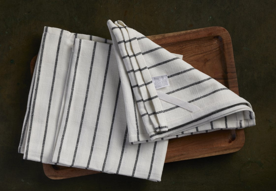 Kitchen Towel With Wooden Tray - 100 % Cotton Stripes- Ivory / Black